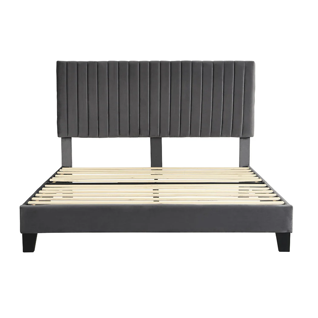 Cheyenne Bed Frame Base Platform Wooden Velvet with Headboard Grey - Double - Nurns