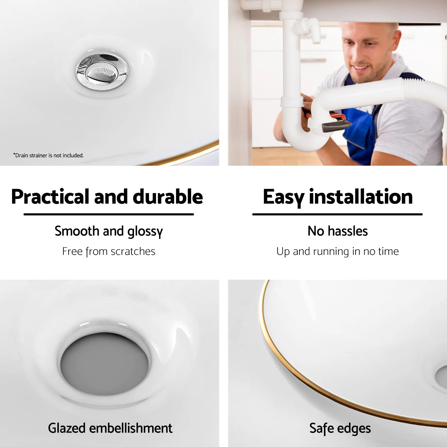 Bathroom Basin Ceramic Vanity Sink Hand Wash Bowl Gold Line 41x34cm - Nurns