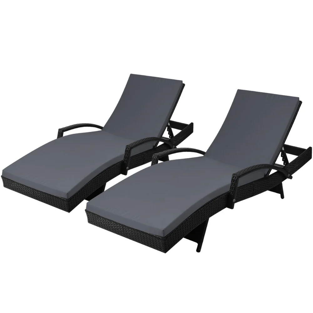 Ashby Set of 2 Outdoor Sun Lounge Wicker with Armrest Chair and Cushion - Black - Nurns
