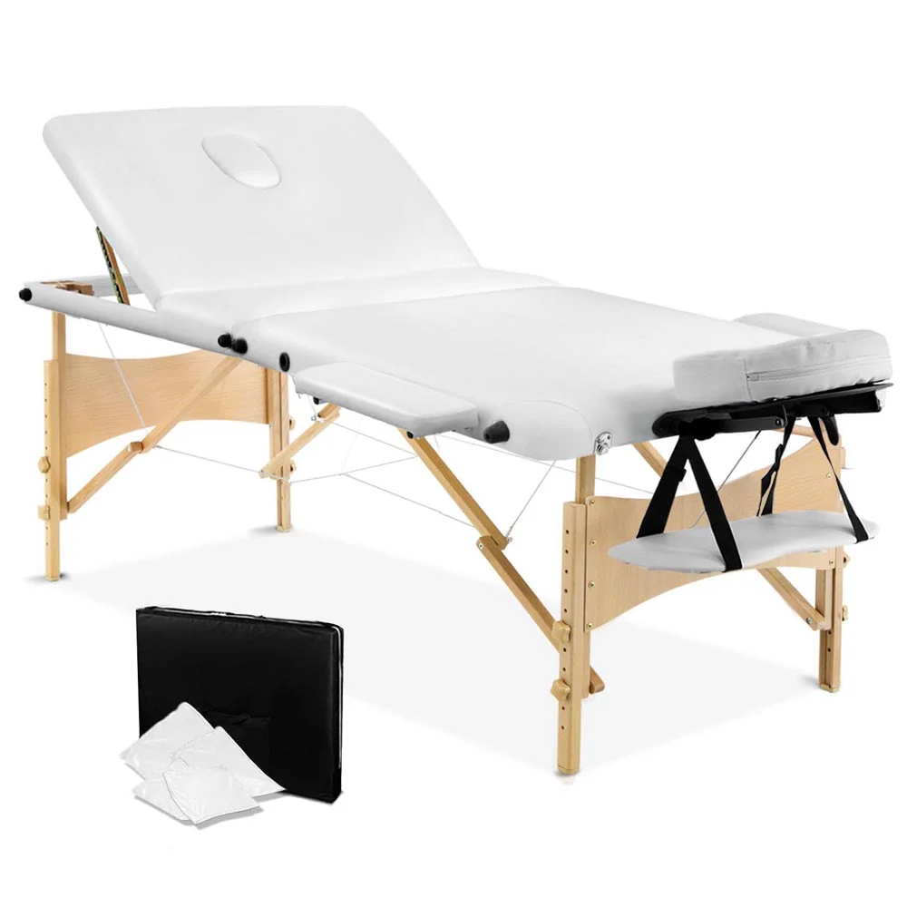 Massage Table 70cm 3 Fold Wooden Portable Beauty Therapy Bed Waxing White - Nurns