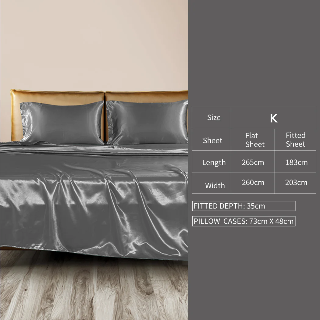King Dreamz Silky Satin Sheets Fitted Grey Dark Grey - Nurns