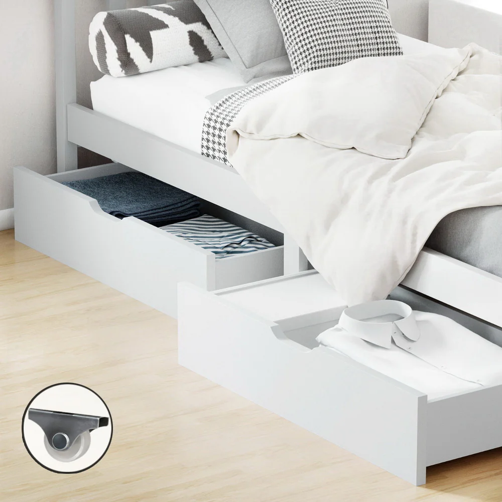 Isaac Set of 2 Bed Frame Storage Drawers Timber Trundle for Wooden Bed Frame Base - White - Nurns