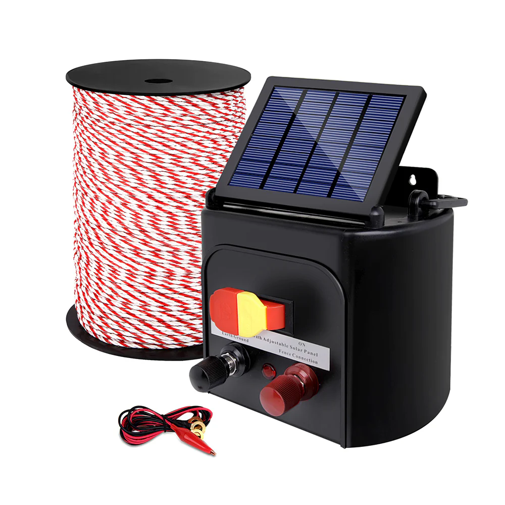 Electric Fence Energiser 5km Solar Powered Charger + 500m Rope - Nurns