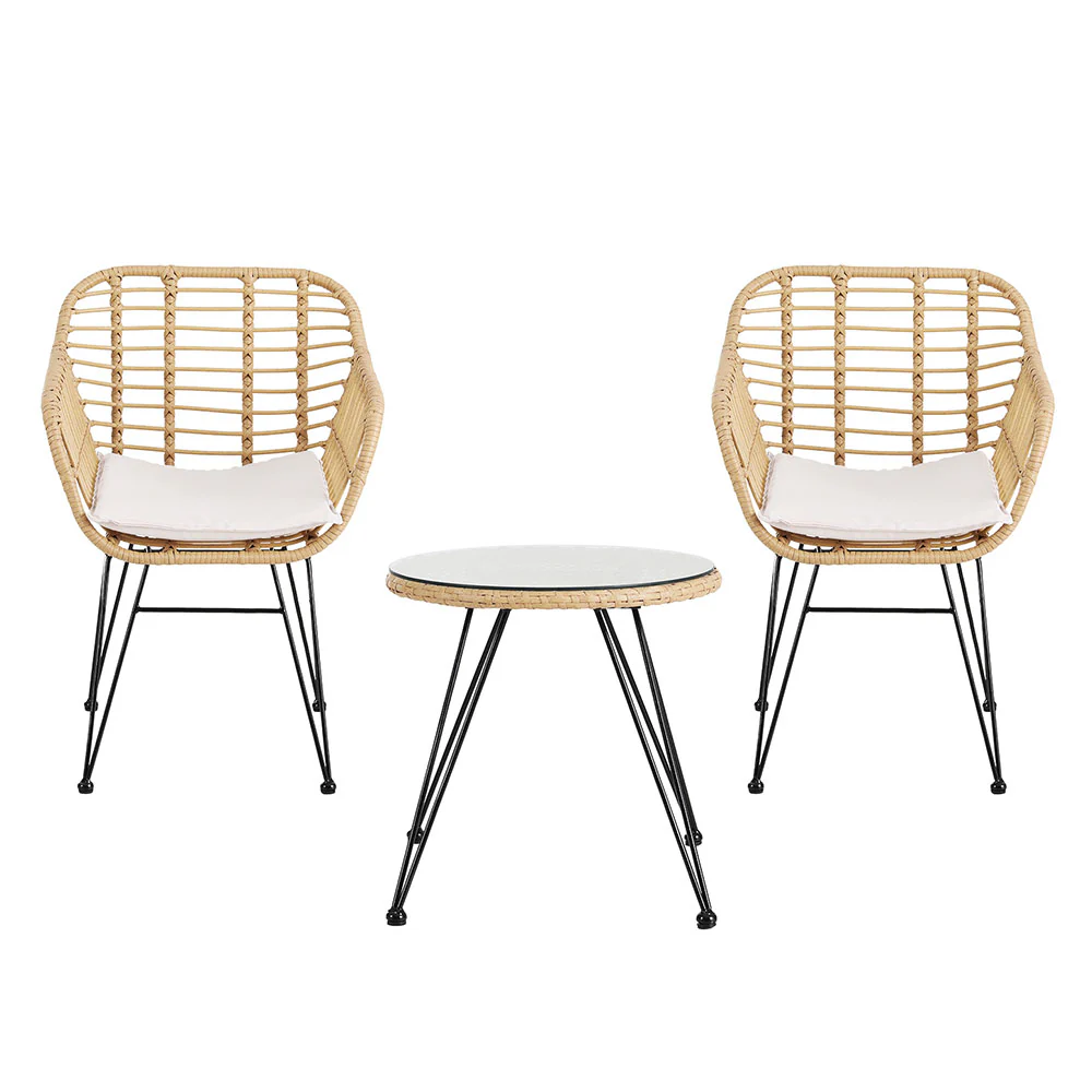 Dalton Outdoor Furniture Lounge Setting Table Chairs Cushion Patio 3-Piece Bistro Set - Oak - Nurns