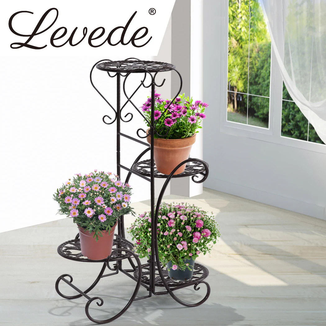 Set of 2 Flower Shape Metal Plant Stand with 4 Plant Pot Space in Black Colour - Nurns