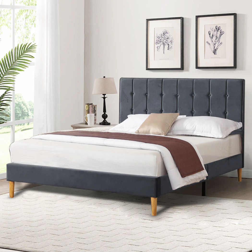 Venlo Bed Frame Base Platform Wooden Velvet with Headboard Grey - Queen - Nurns
