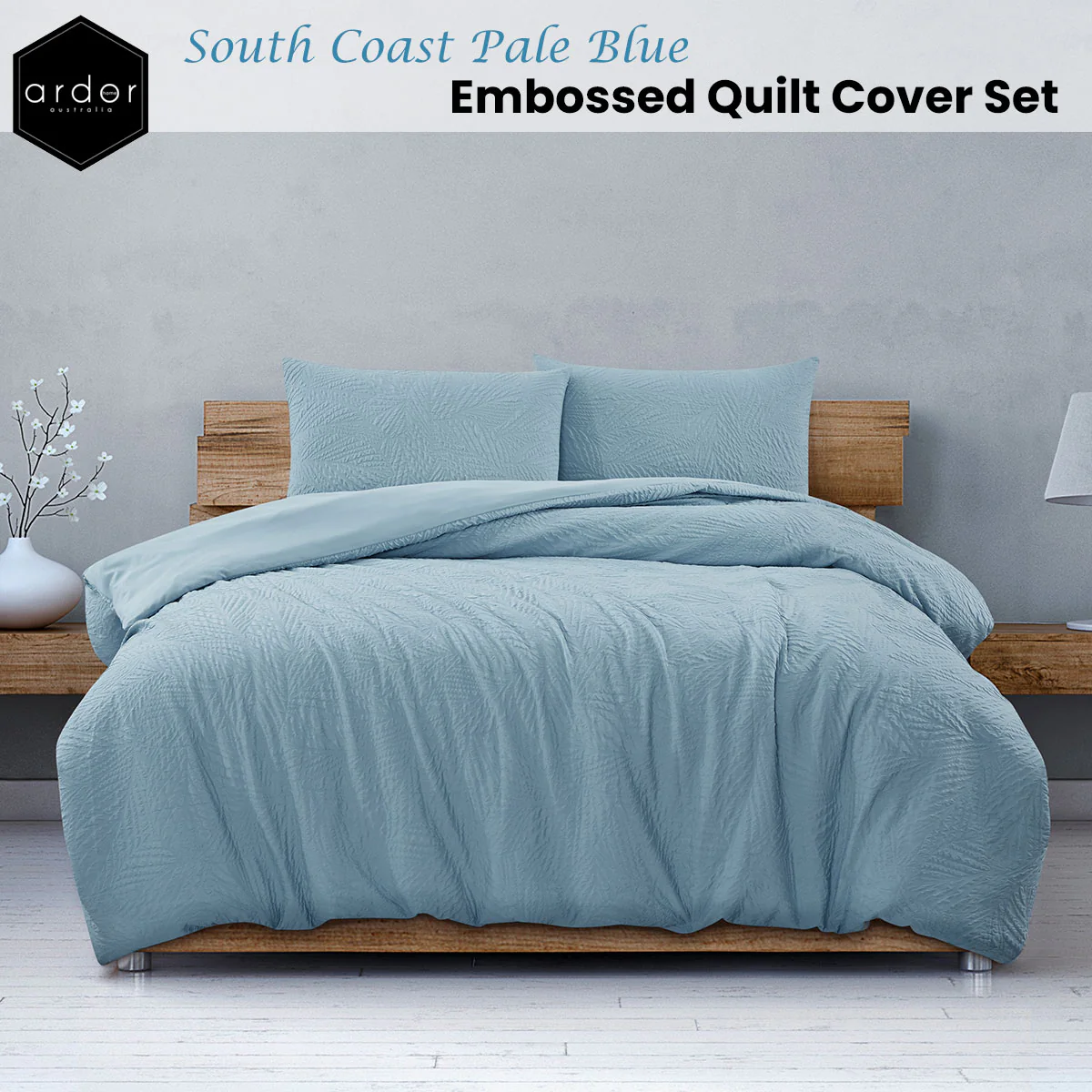 KING Embossed Quilt Cover Set - Pale Blue - Nurns