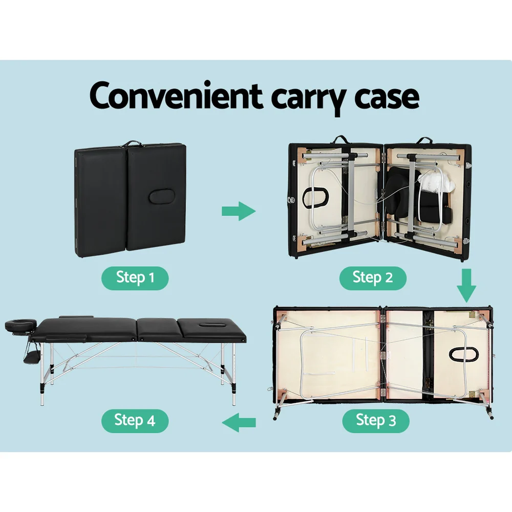 Massage Table 85cm Portable 3 Fold Aluminium Beauty Bed - Black - Nurns