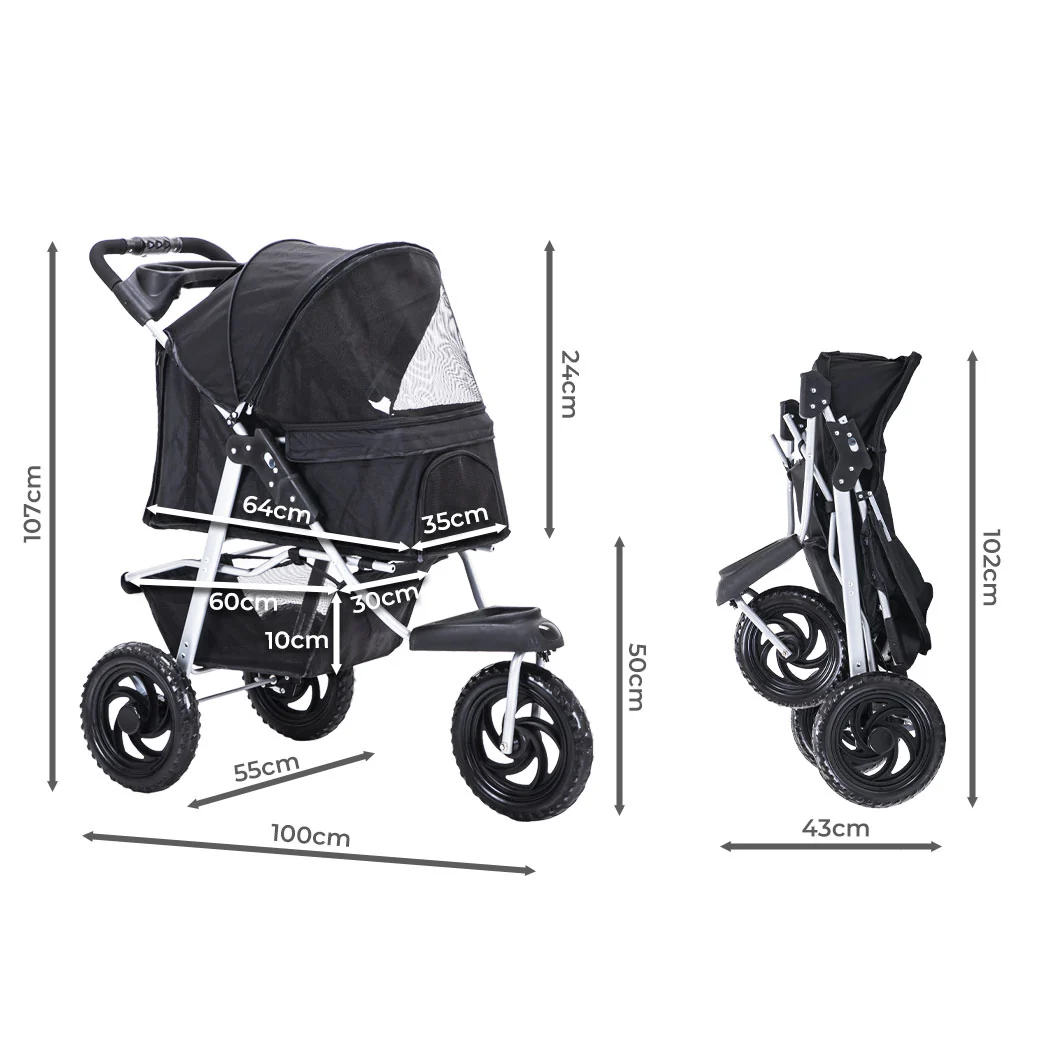 Pet Stroller Pram Dog Carrier Trailer Strollers 3 Wheels Foldable Large - Black Large - Nurns