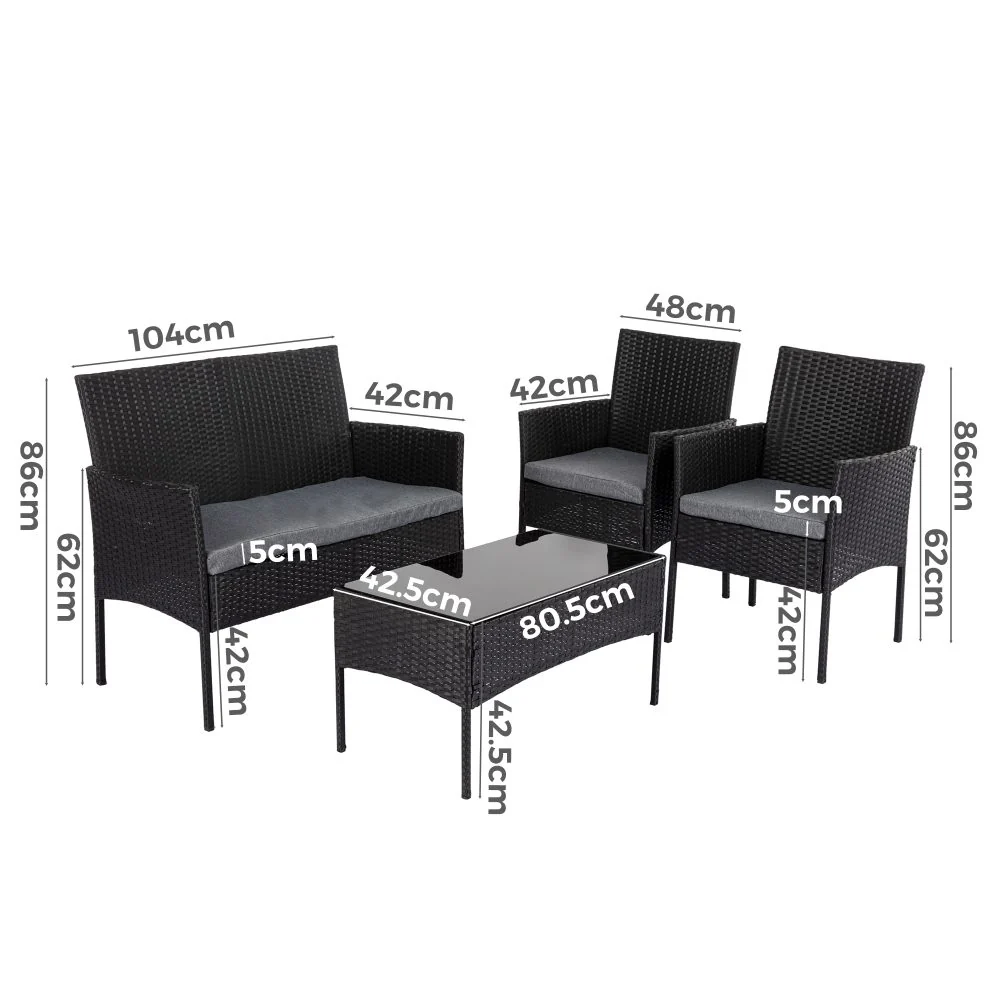 Lowry 4-Seater Wicker 4-Piece Outdoor Lounge Set - Black - Nurns