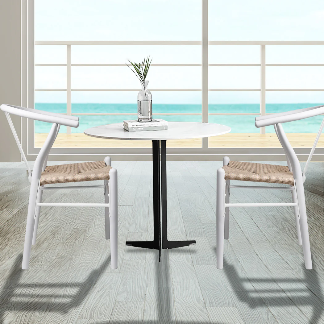 Jett Set of 2 Dining Chairs Rattan Seat Side Kitchen Wood Furniture - White - Nurns
