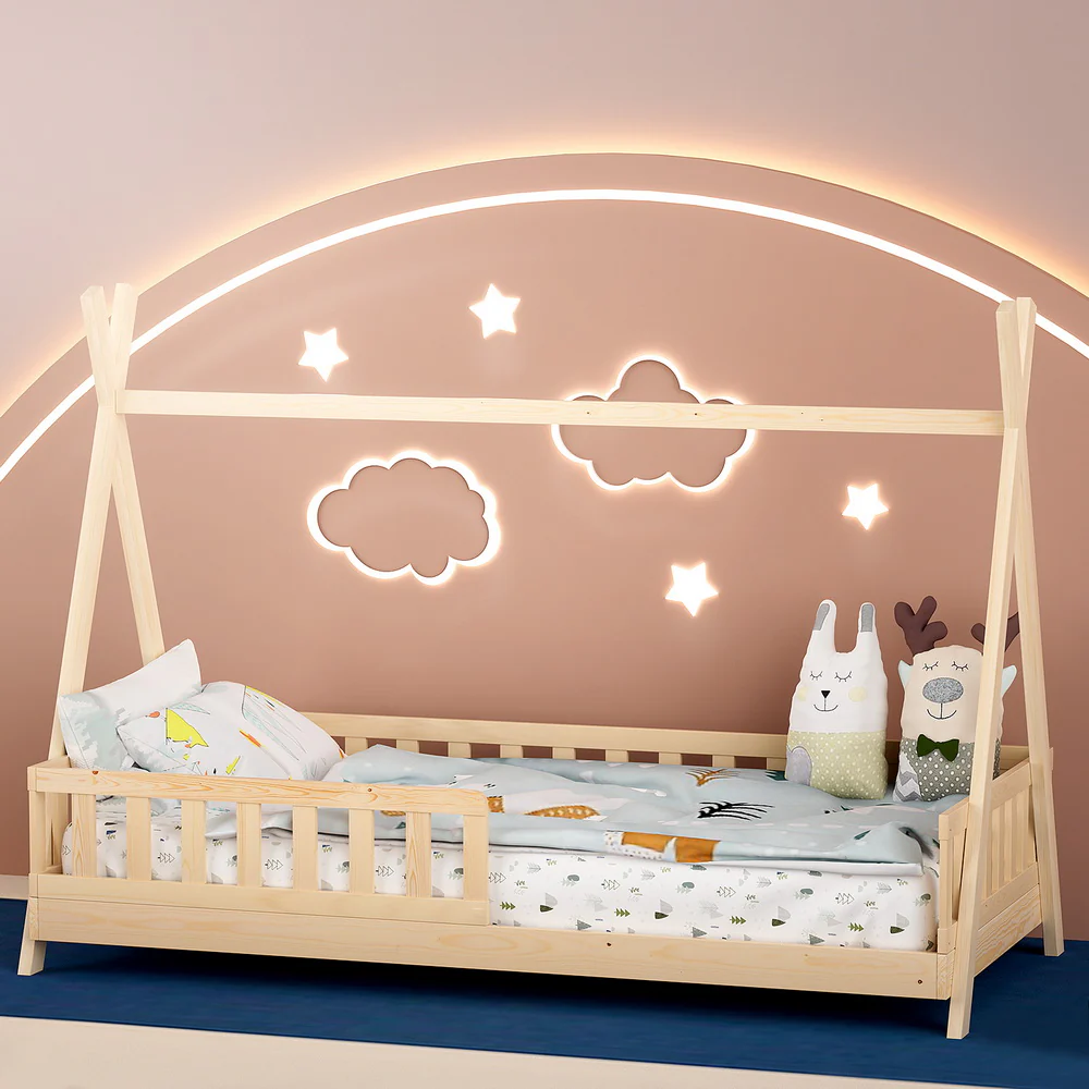 Nivena Bed Frame Wooden Kids House Frames - Oak Single - Nurns