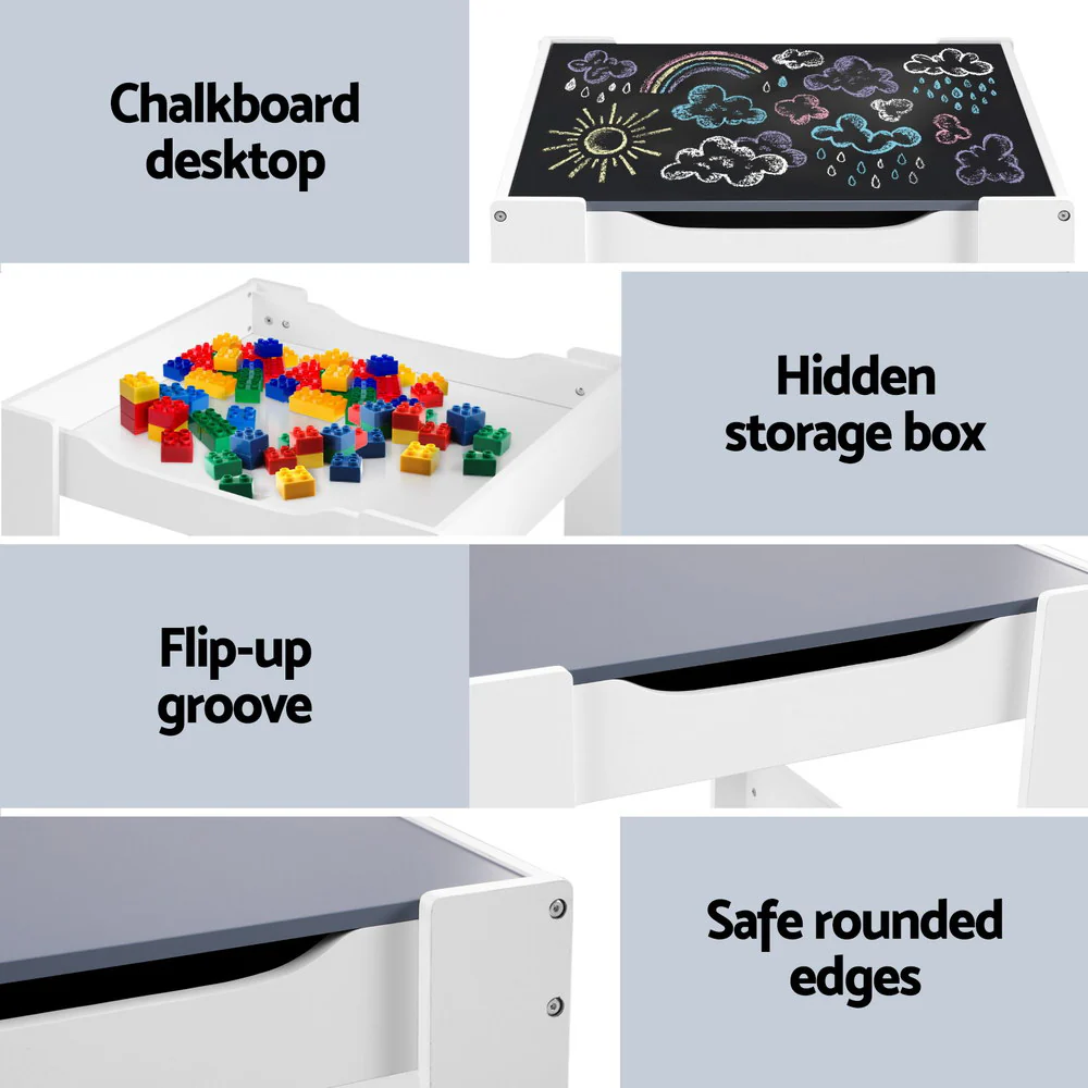 Pheby 3-Piece Kids Table & Chairs Set Play Activity Toys Storage Chalkboard Desk - Grey - Nurns