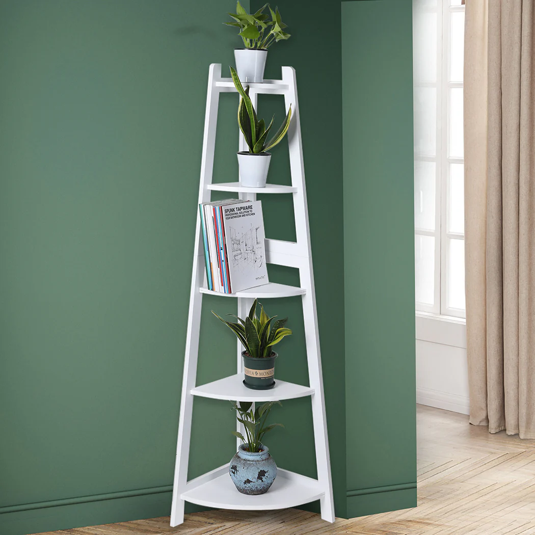 Levede 5 Tier Corner Shelf Wooden Storage White - Nurns