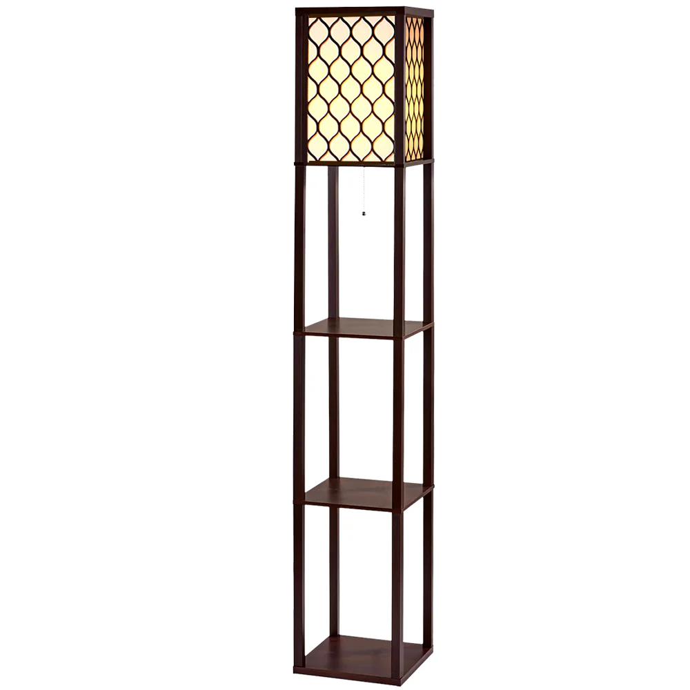 Floor Lamp 3 Tier Shelf Storage LED Light Stand Home Room Pattern - Brown - Nurns