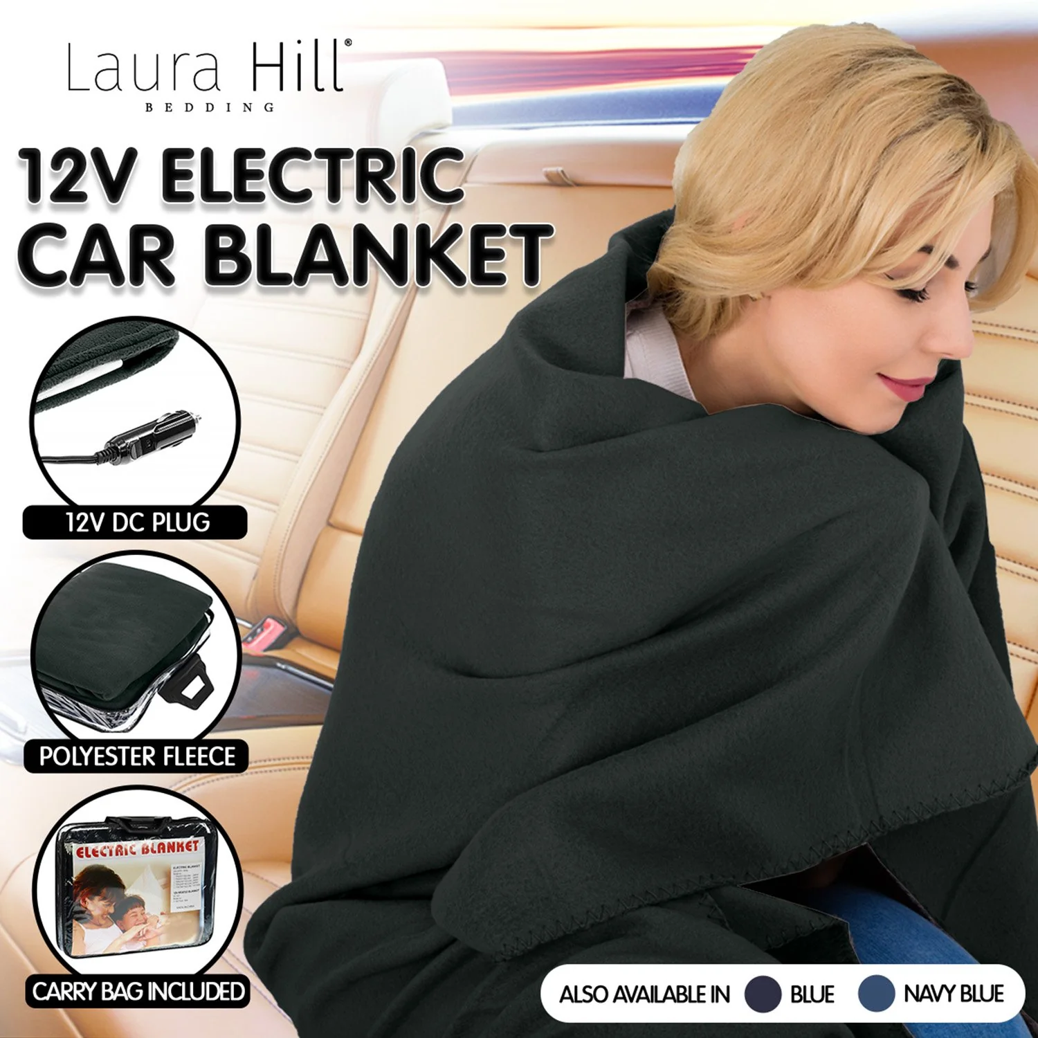 Heated Electric Car Blanket 150x110cm 12V - Black - Nurns