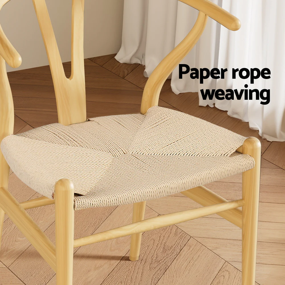 Maud Dining Chairs Wooden Kraft Paper Seat Wishbone Back - Natural Wood - Nurns