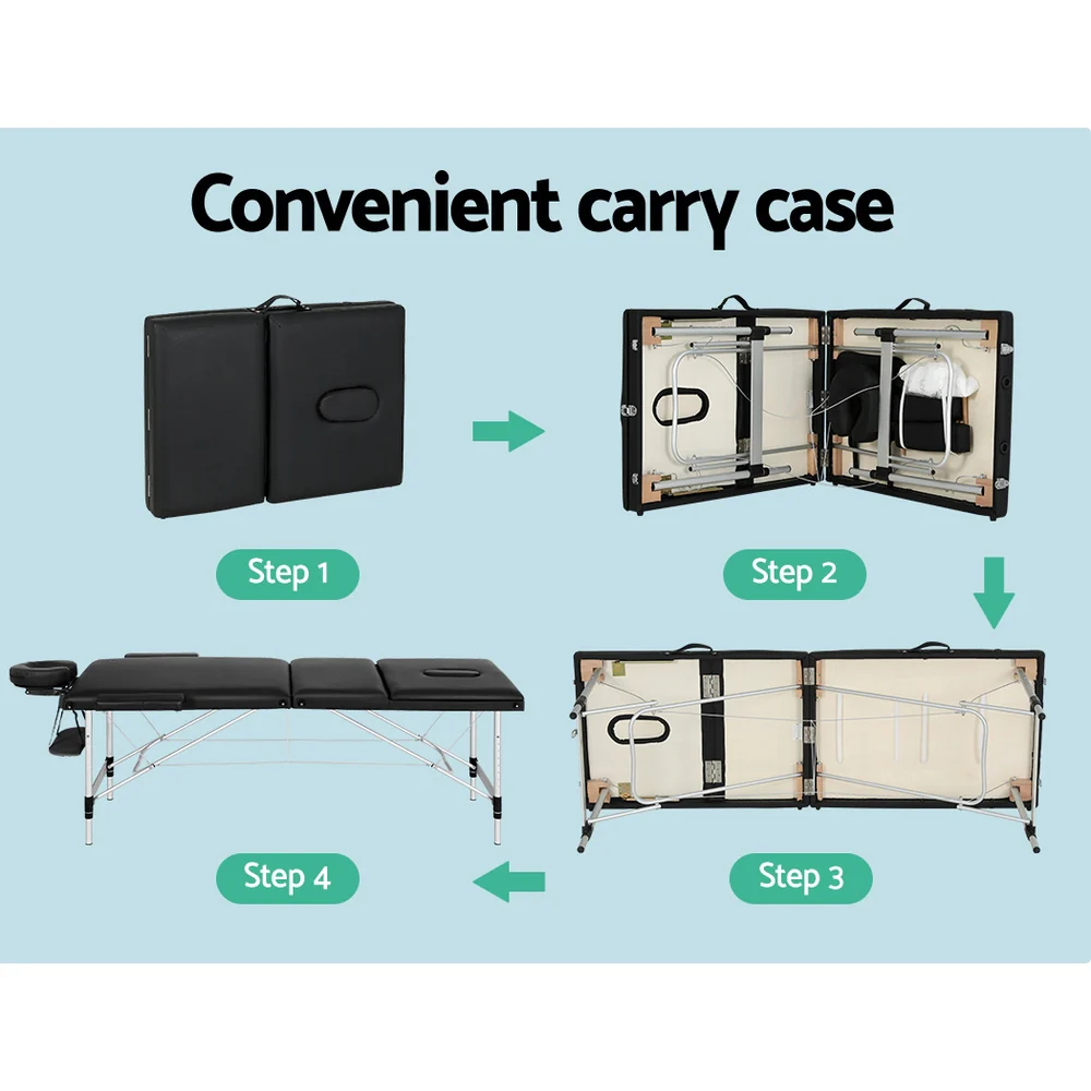 Massage Table 65cm Portable 3 Fold Aluminium Beauty Bed - Black - Nurns