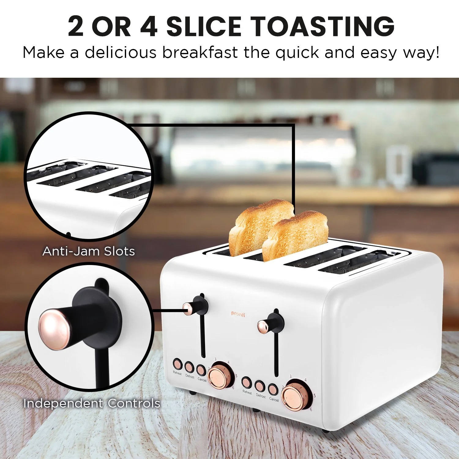 Pronti 4 Slice Toaster Rose Trim Collection - White - Nurns