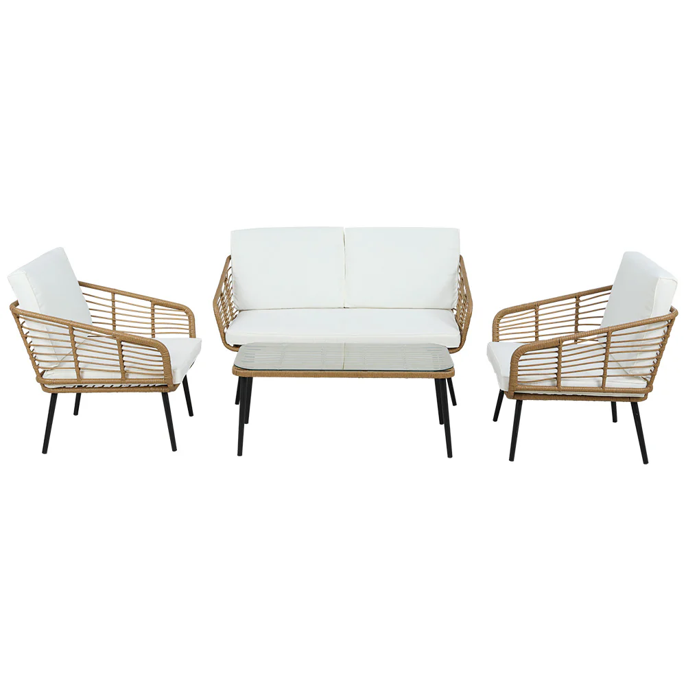 Houda 4-Seater Furniture Rattan Table Chairs 4-Piece Outdoor Sofa - Wood - Nurns