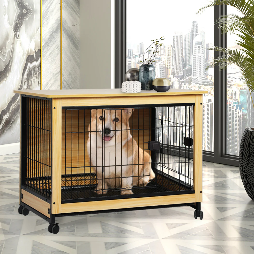 Wooden Wire Dog Kennel Side End Table Steel Puppy Crate Indoor Pet House - Wood Large - Nurns