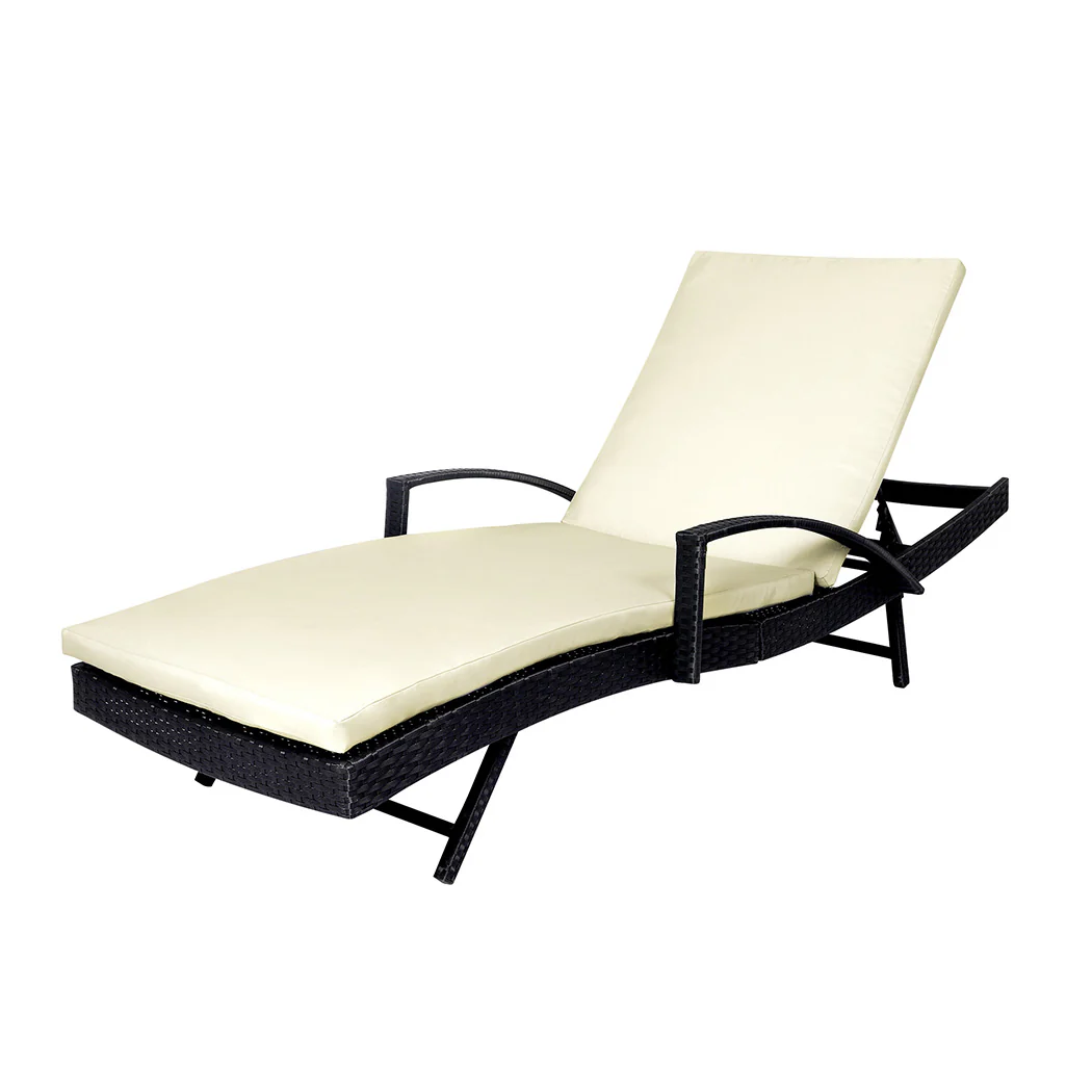 Simon Outdoor Sun Lounger Furniture Wicker Lounge Garden Patio Bed Pool Beige Cushion - Black - Nurns
