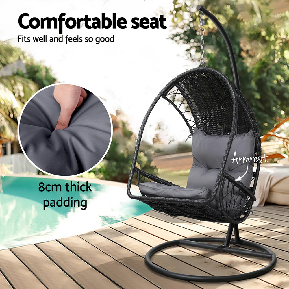 Layla Outdoor Egg Swing Chair with Stand Cushion Wicker Armrest - Black - Nurns