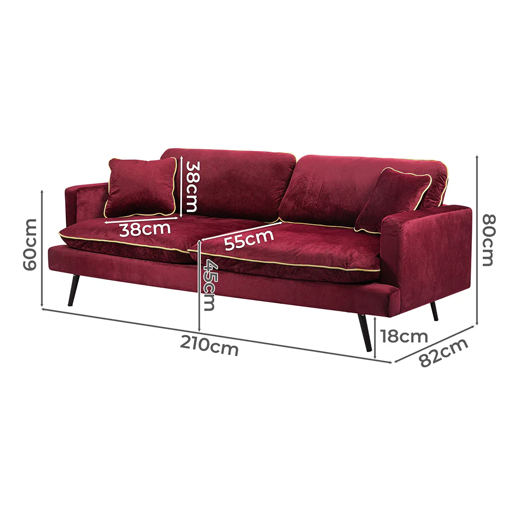 Maylee 3-Seater Velvet Sofa Armchair Couch 210cm Wide - Red - Nurns