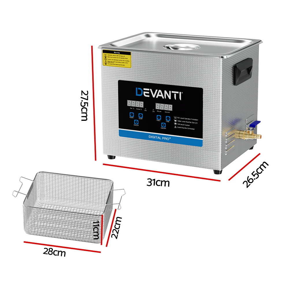 Devanti 10L Ultrasonic Cleaner Heater Cleaning Machine Timer Industrial 240W - Nurns