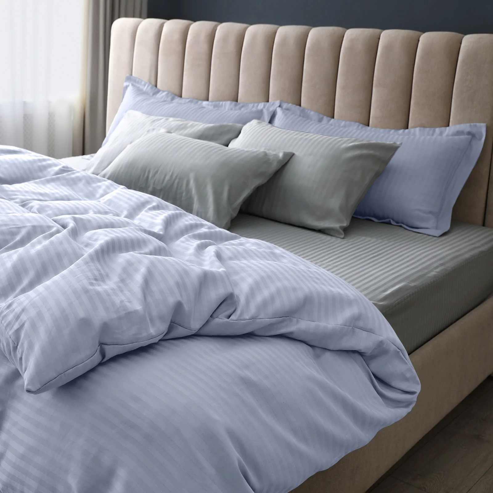 QUEEN 1200TC 3-Piece Damask Stripe Cotton Blend Quilt Cover Sets - Blue - Nurns