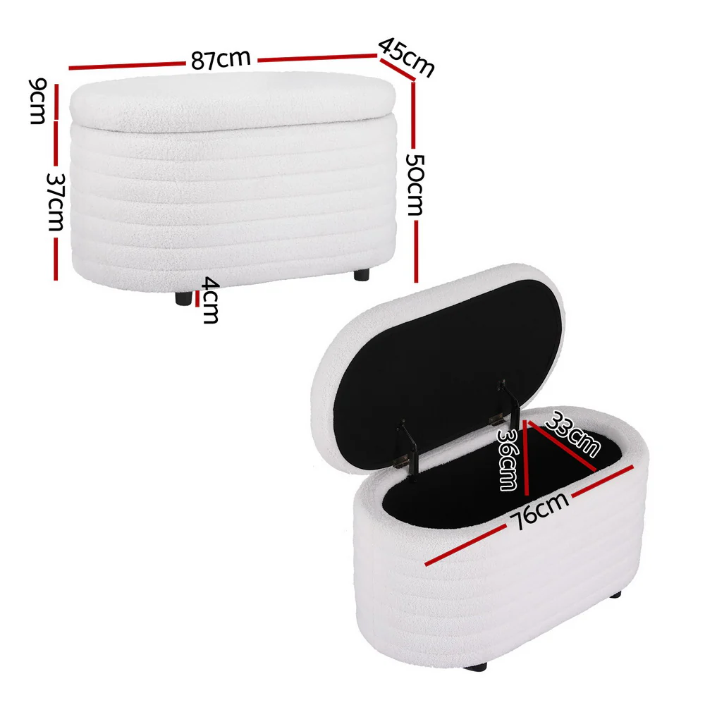 Storage Ottoman Blanket Box 87cm Bouclé Fabric Oval - White - Nurns