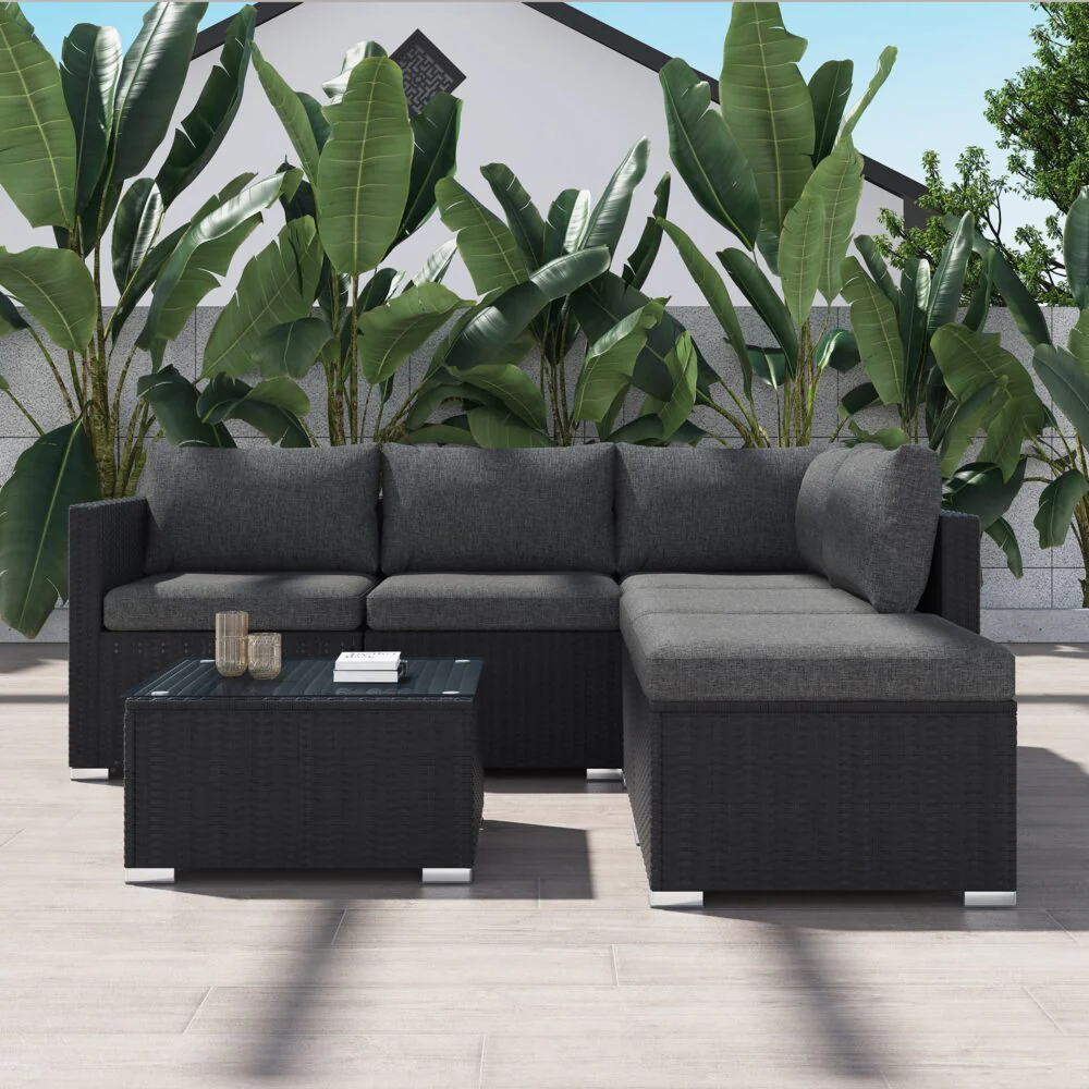 Perry 5-Seater Ottoman-Style Outdoor Lounge Set - Black - Nurns