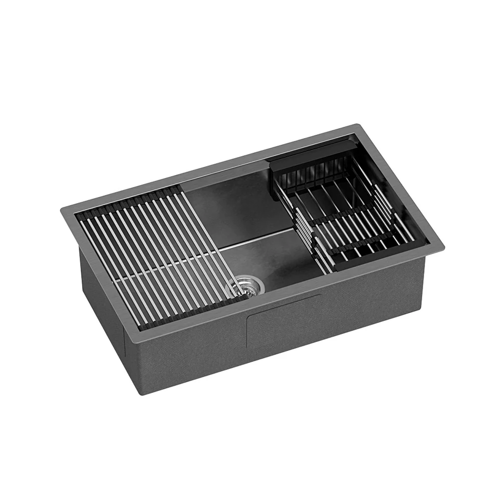 Kitchen Sink 70X45CM Stainless Steel Single Bowl Drain Rack Basket Black - Nurns
