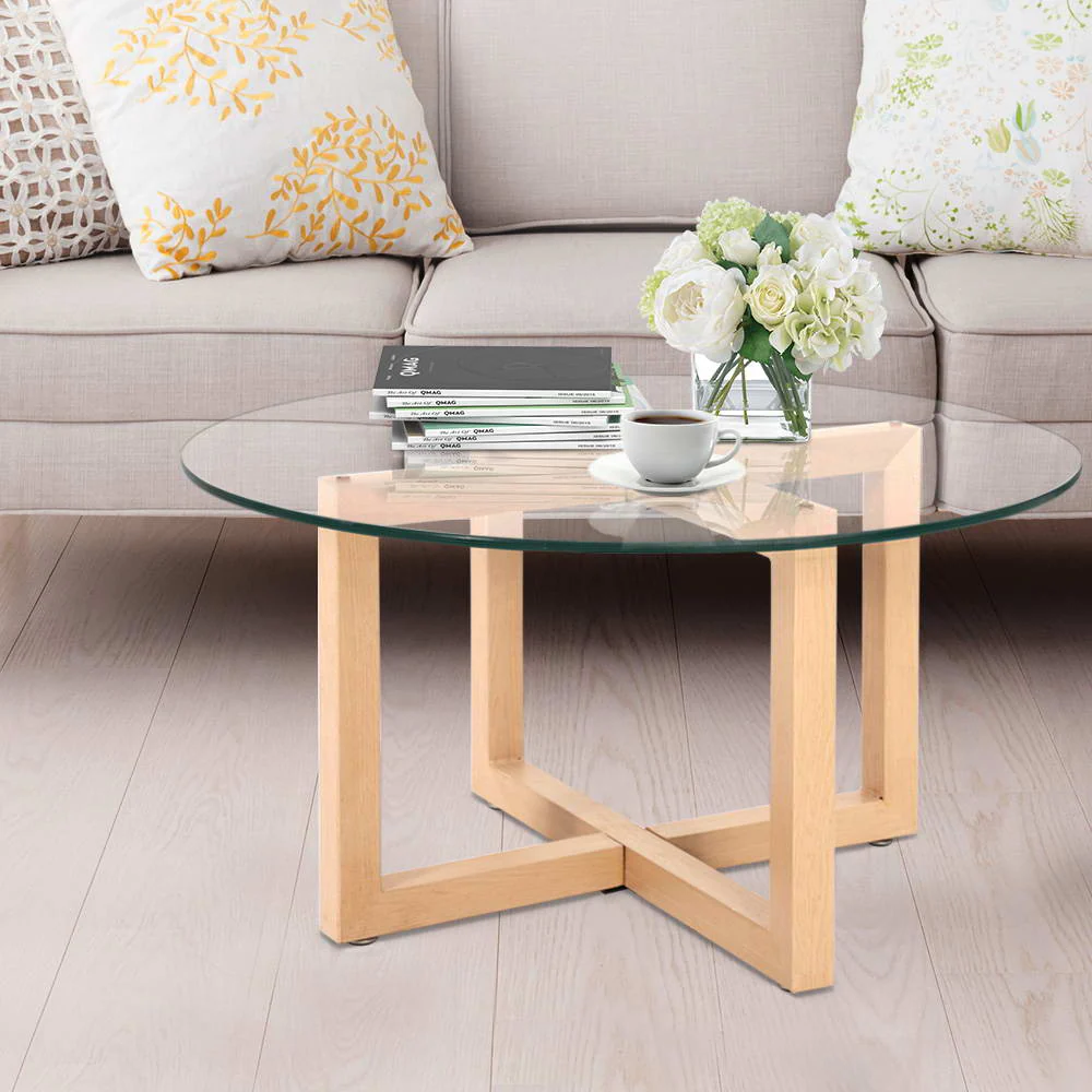 Idas Coffee Table 80cm Round Tempered Glass - Wood - Nurns