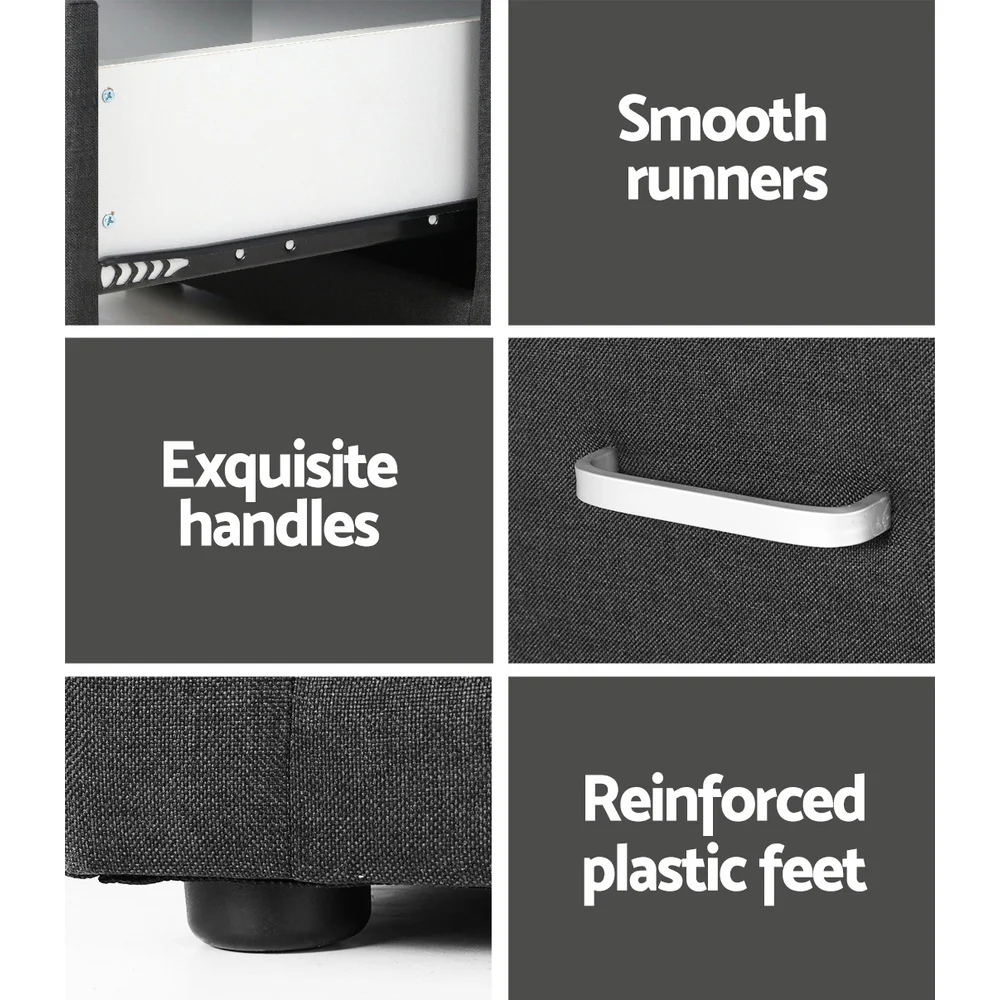 Kildonan Fabric Bedside Tables with 2 Drawers - Charcoal - Nurns