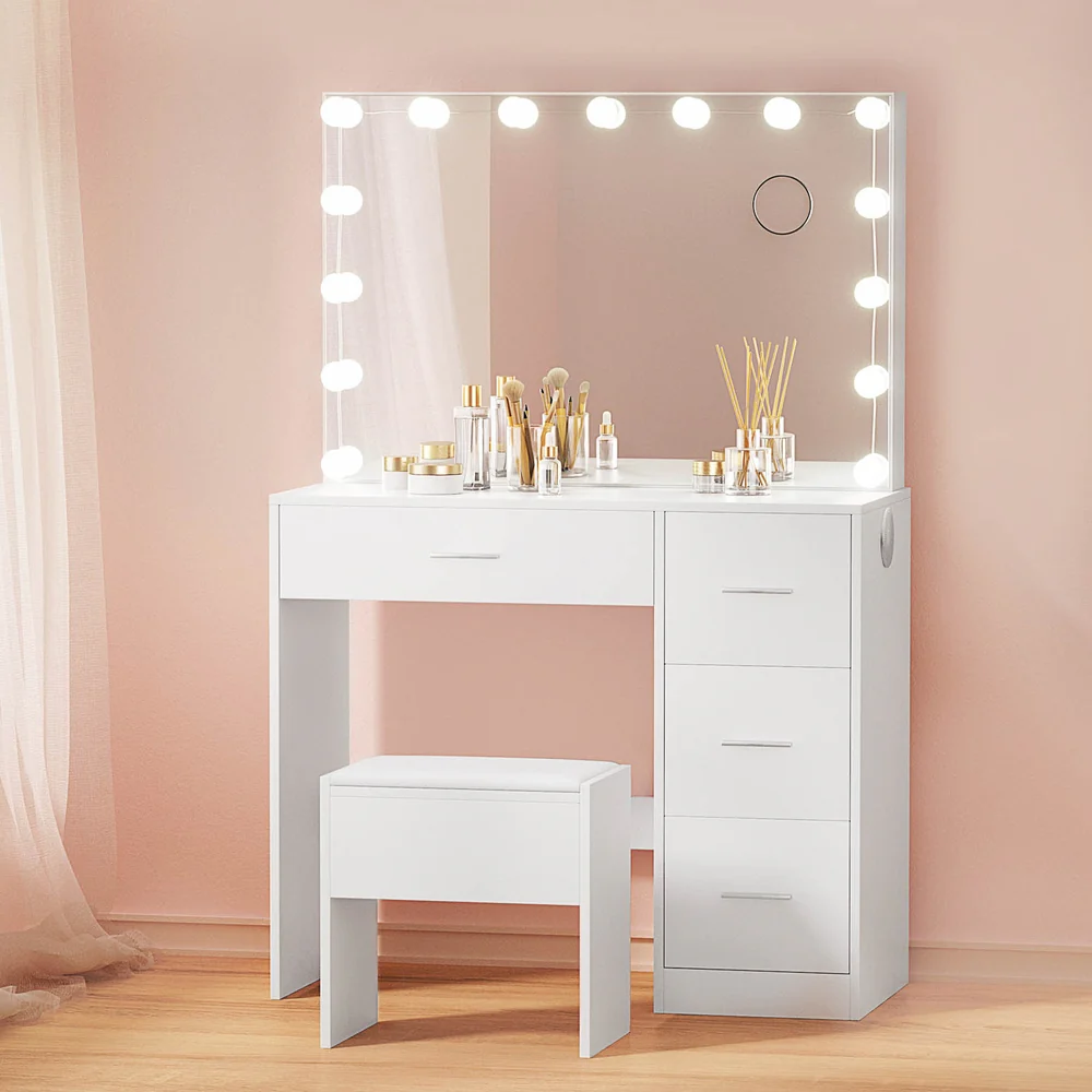 Dressing Table Set Stool 15 Led Bulbs - White - Nurns
