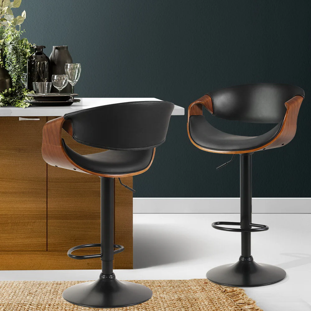 Set of 2 Montpellier Bar Stools Swivel Chair Kitchen Gas Lift Wooden Bar Stool Leather - Black - Nurns