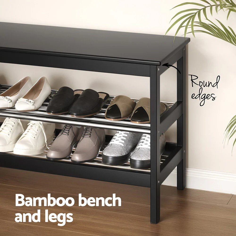 Artiss Shoe Rack Cabinet Bamboo Bench 10 Paris Black - Nurns