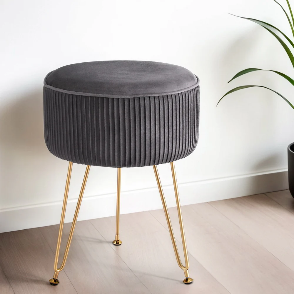 Ottoman Foot Stool Vanity Velvet Round - Grey - Nurns