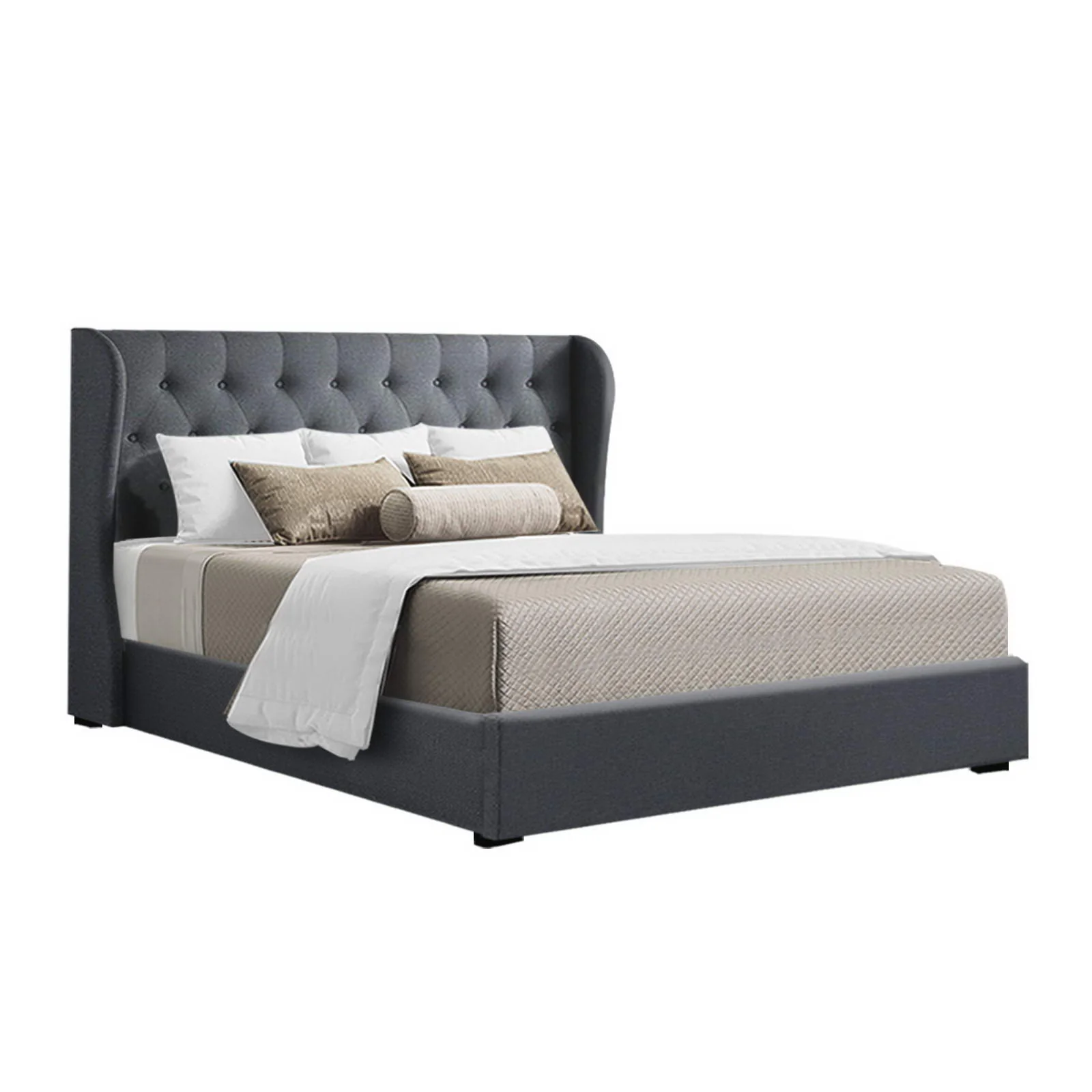 Lucca Bed Frame Fabric Gas Lift Storage - Charcoal Queen - Nurns