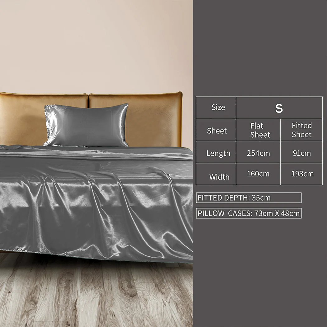 Single Dreamz Silky Satin Sheets Fitted Flat Grey Dark Grey - Nurns
