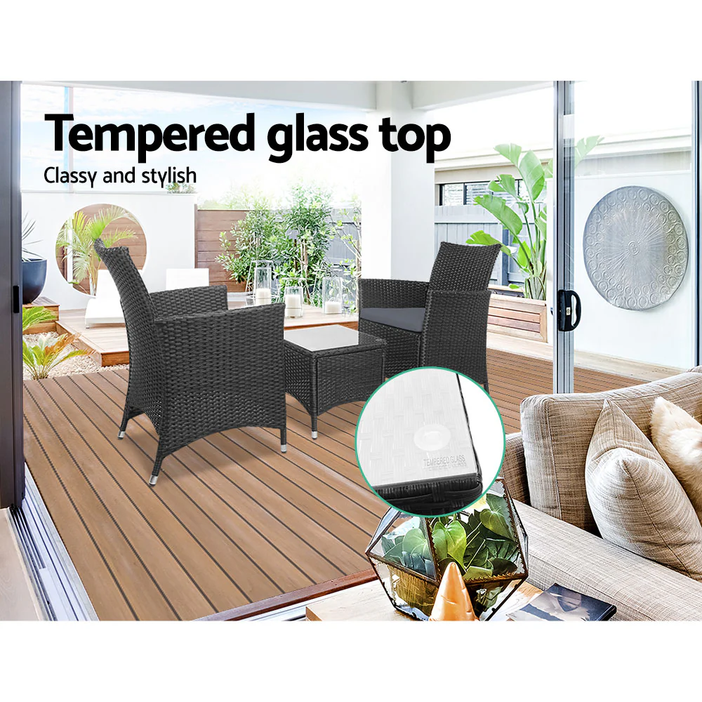 Noah 2-Seater Wicker Furniture 3-Piece Outdoor Setting - Black - Nurns