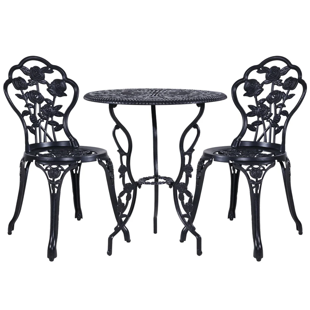 Caspian 2-Seater Cast Aluminium Table Chair Patio 3-Piece Outdoor Setting - Black - Nurns