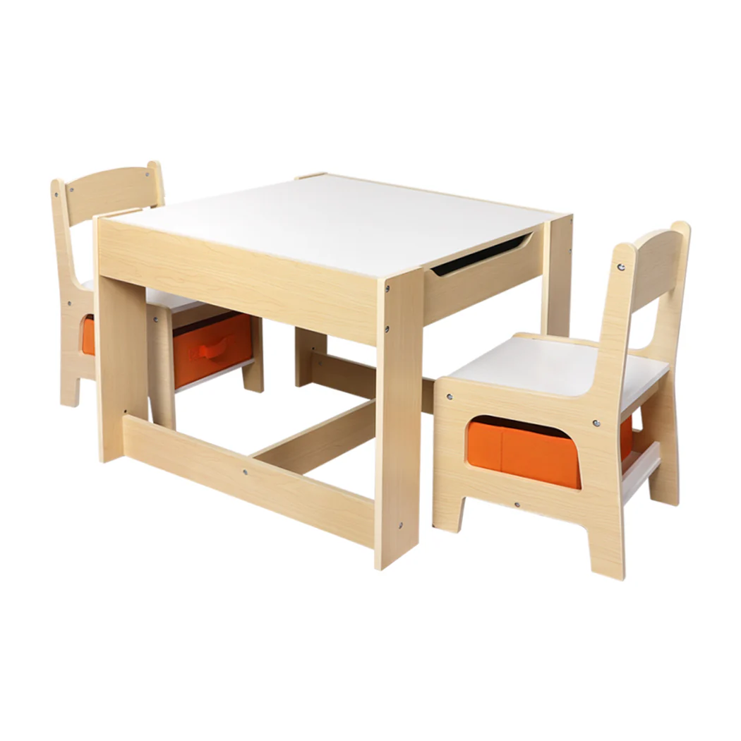 Phyllys 3-Piece Kids Table & Chairs Set Storage Box Toys Play Desk Wooden Study - White & Wood - Nurns