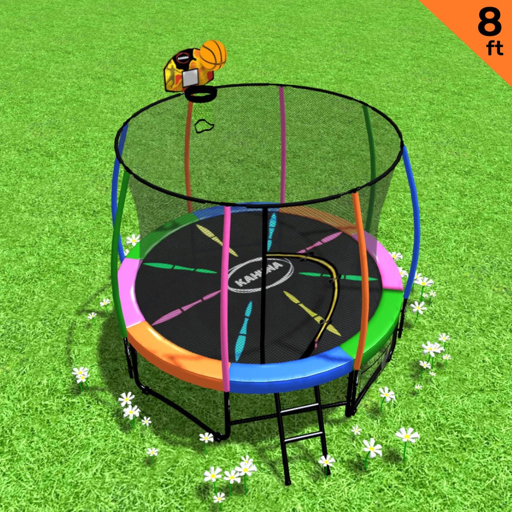 Kahuna Trampoline for Kids 8FT Outdoor Children with Safety Enclosure Mat Pad Net Ladder Basketball Hoop Set - Rainbow - Nurns
