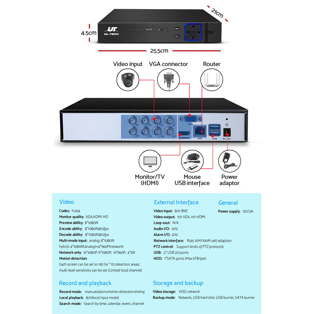 CCTV Security System 8CH DVR 4 Cameras 1080p - Nurns