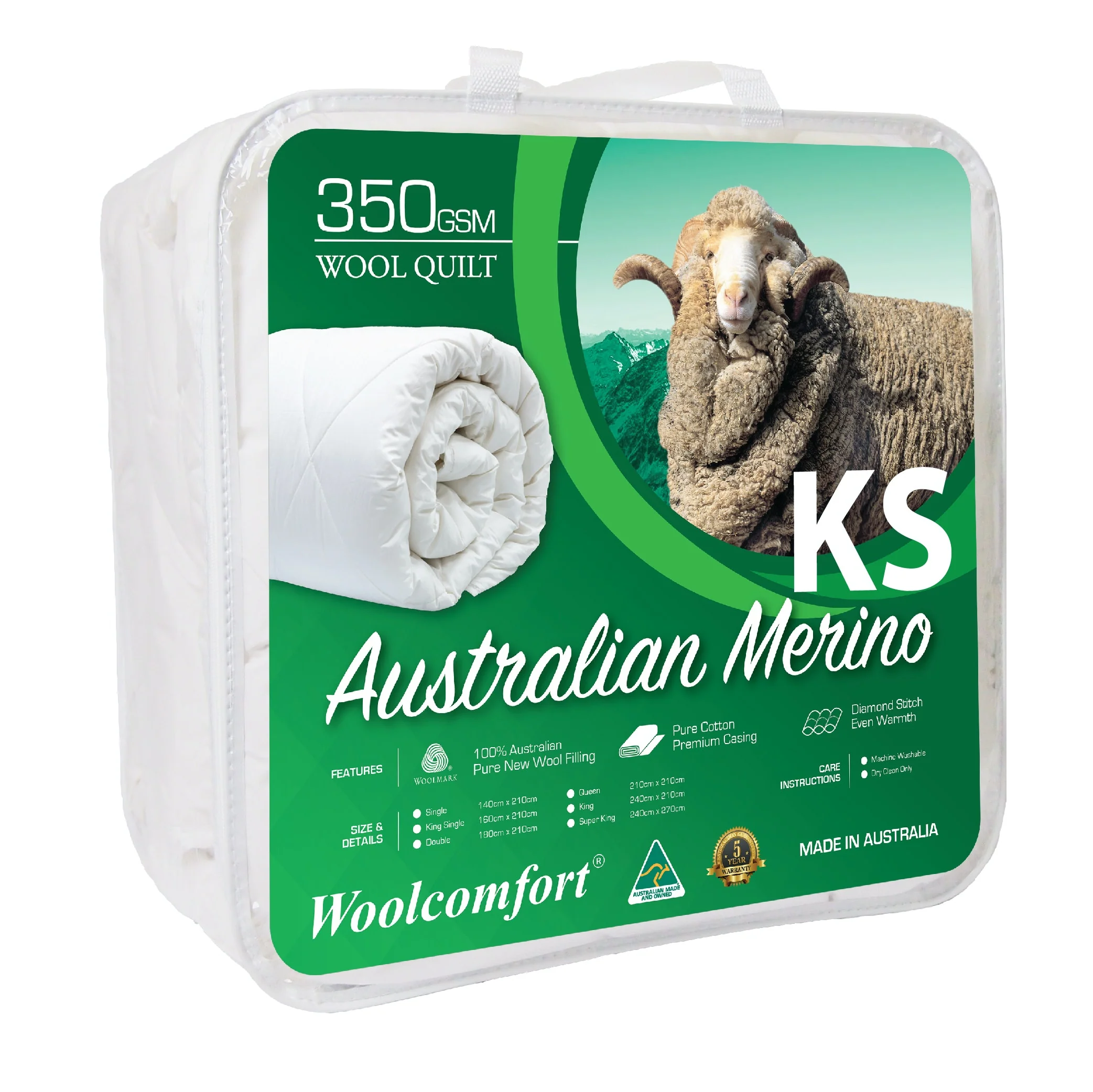 King Single Woolcomfort AUS Made Merino Wool Quilt 350GSM 160x210cm - Nurns