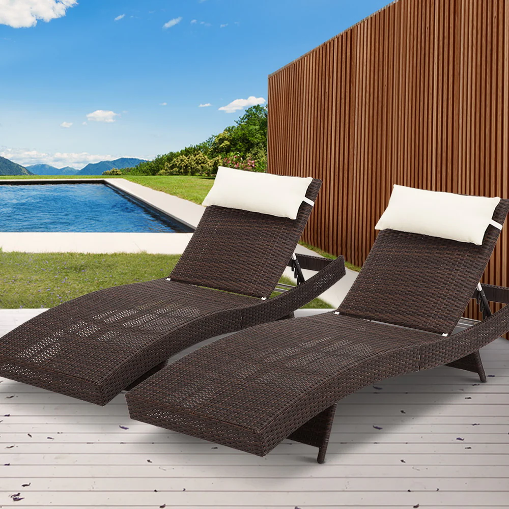 Travis Set of 2 Outdoor Sun Lounge Wicker Chair without Armrest - Brown - Nurns