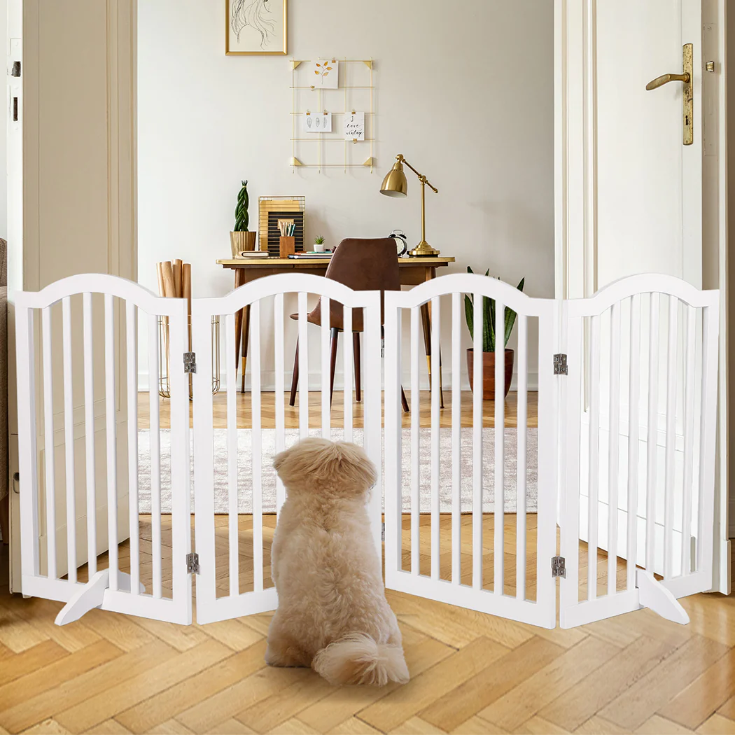 Wooden Pet Gate Dog Fence Safety Stair Barrier Security Door 4 Panels White - White - Nurns