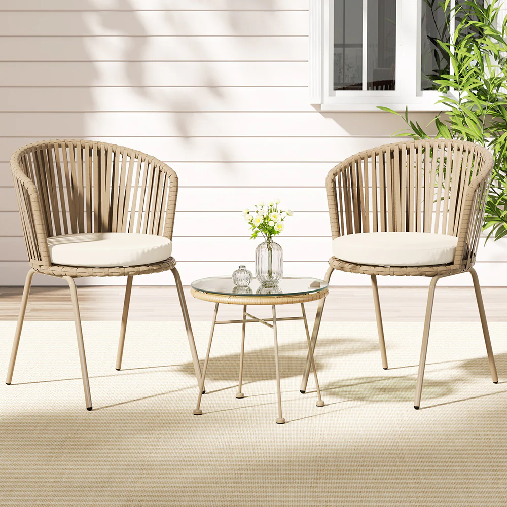 Aleric 2-Seater Table Chairs Patio Furniture 3-Piece Outdoor Lounge Set - Beige - Nurns